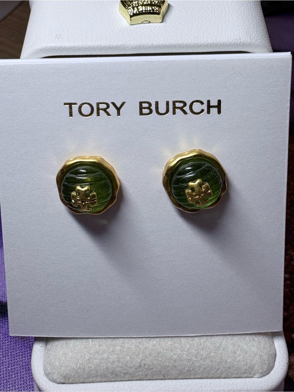 Tory Burch Gold and Green Logo Button Stud Earrings